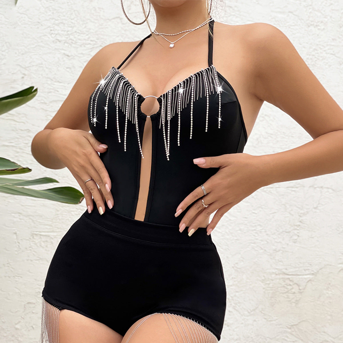 Lace-up Halterneck Diamond Chain Tassel Hollow-out Navel Backless Bodysuit