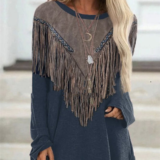 Color Matching Tassel Round Neck Long Sleeve Top