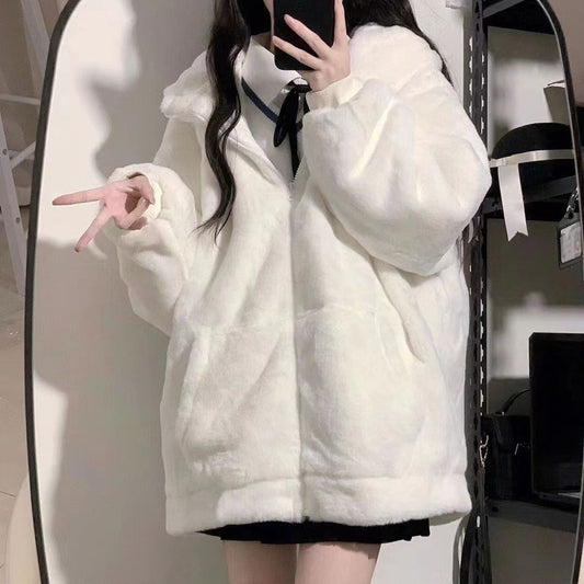 Women's Zipper Hooded Sweater Padded Fleece Sweater Plus Size White Top Cute Soft Winter Clothing Coat