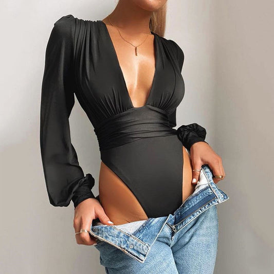 Women's sexy long-sleeved deep V waist pleated temperament bodysuit