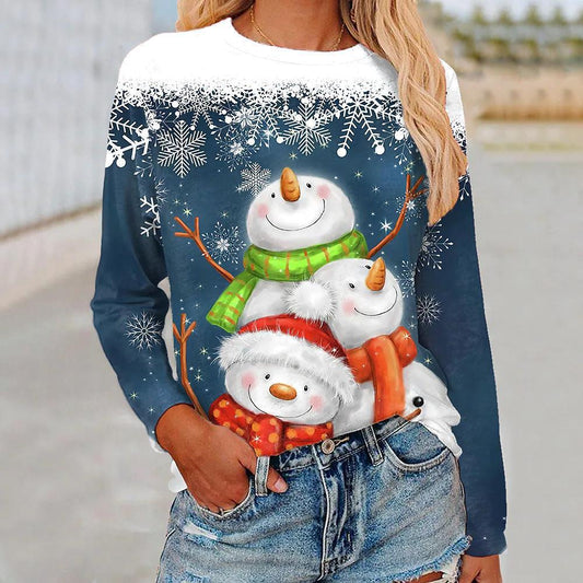 3d Digital Printing Christmas Women's Long-sleeved T-shirt Round Neck
