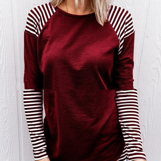 Round Neck Patchwork Stripes Loose Women's Long Sleeve