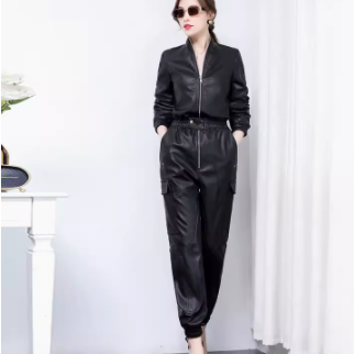 Unique And High-end Feeling, Slim Fitting Black PU Leather Work Suit And Jumpsuit For Women