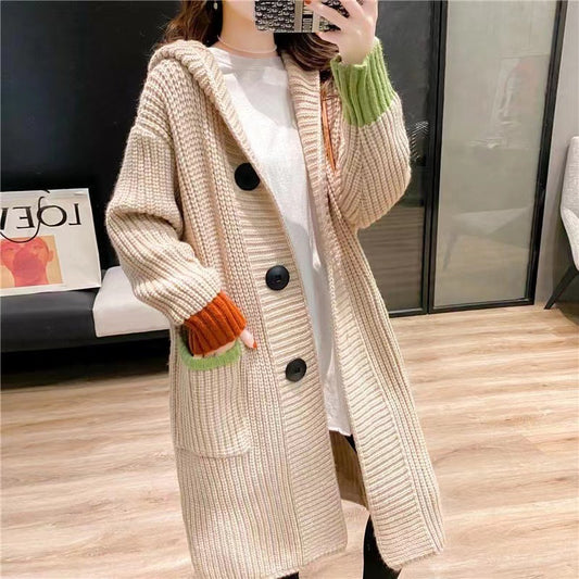 Autumn And Winter Thickening Sweater Loose Contrast Color Hooded Thick Thread Knitted Cardigan Jacket