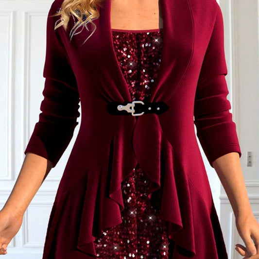Autumn And Winter New European And American Sequin Stitching False Two-piece Suit Top For Women